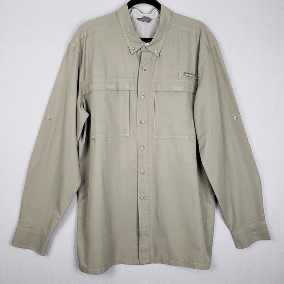 Eddie Bauer Mens XL Tall Button Up Camp Shirt Olive Green Hiking Fishing Outdoor - Picture 1 of 11